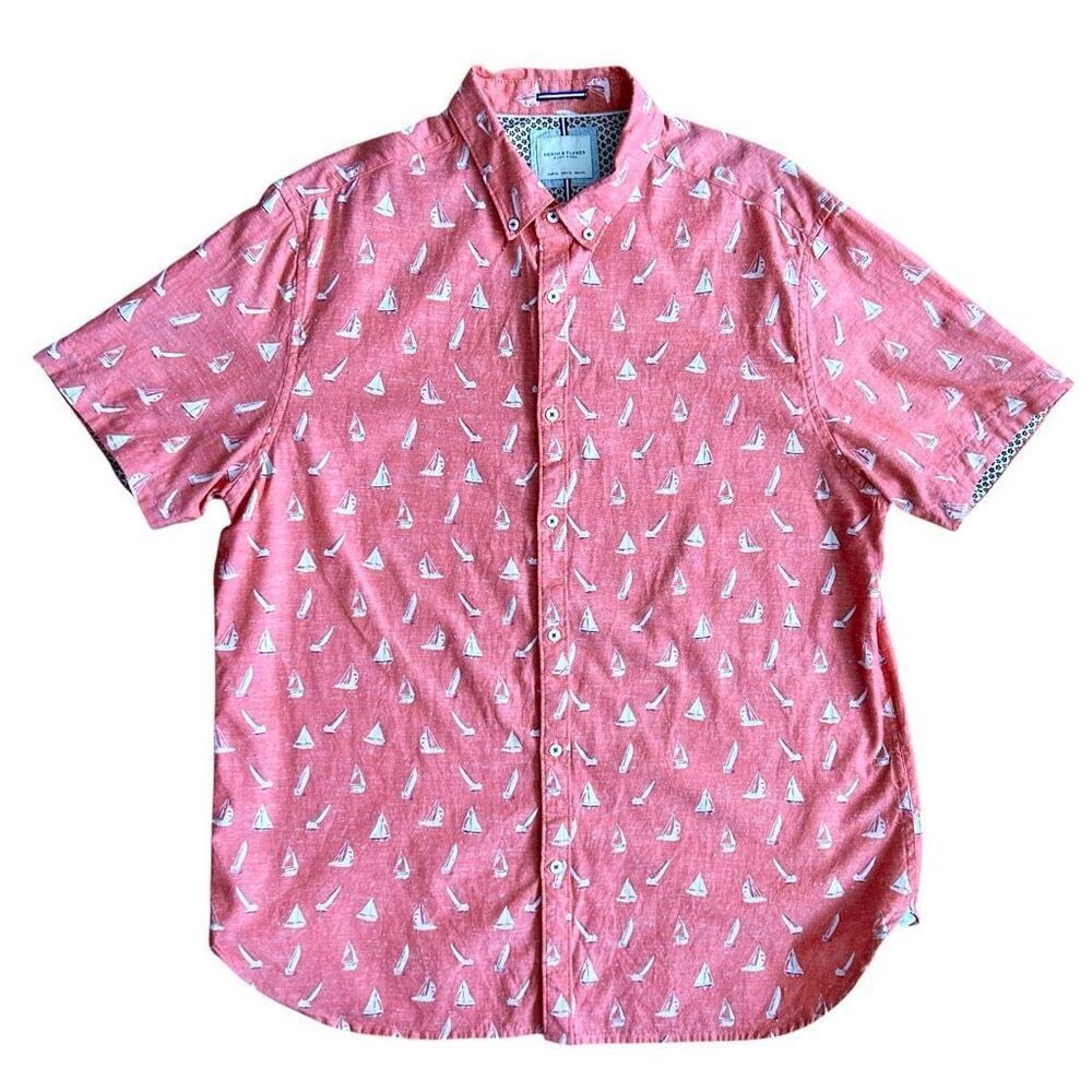 Denim & Flower Nautical Sailboat Short Sleeve Button Down Men’s Shirt XL